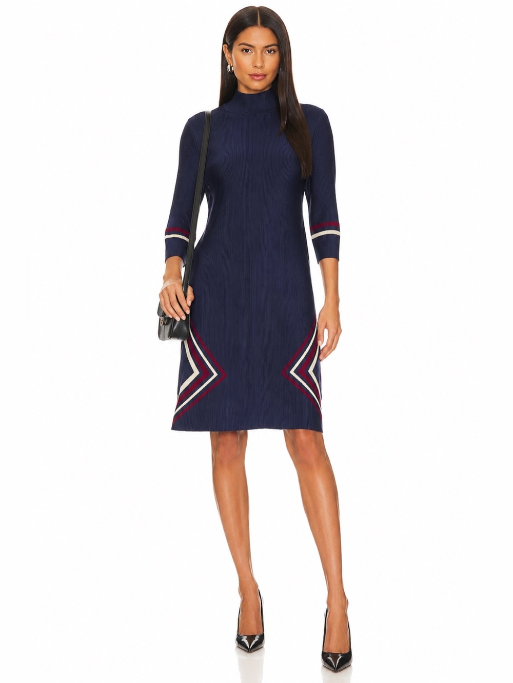 Navy Knit Mock-Neck A-Line Dress with Striped Chevron Detail